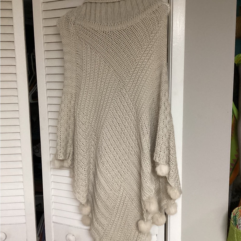 Cream Chunky Knit Poncho with Cowl Neck